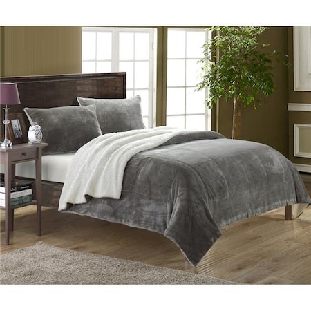 Chic Home SB1556-BIB-US 7 Piece Eve Microplush Mink-Like Super Soft Sherpa Lined King Bed In A Bag Comforter Set; Grey With Sheet Set